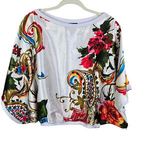 Je Je White Satin Kimono Sleeve Pullover Blouse Top Floral Banded Hem Size Large